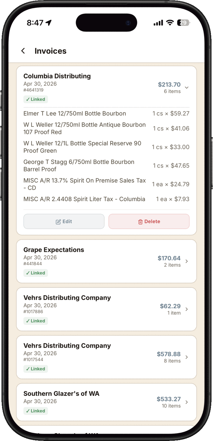 Light mode admin invoice OCR review list with vendor invoices, extracted line items, totals, and linked status