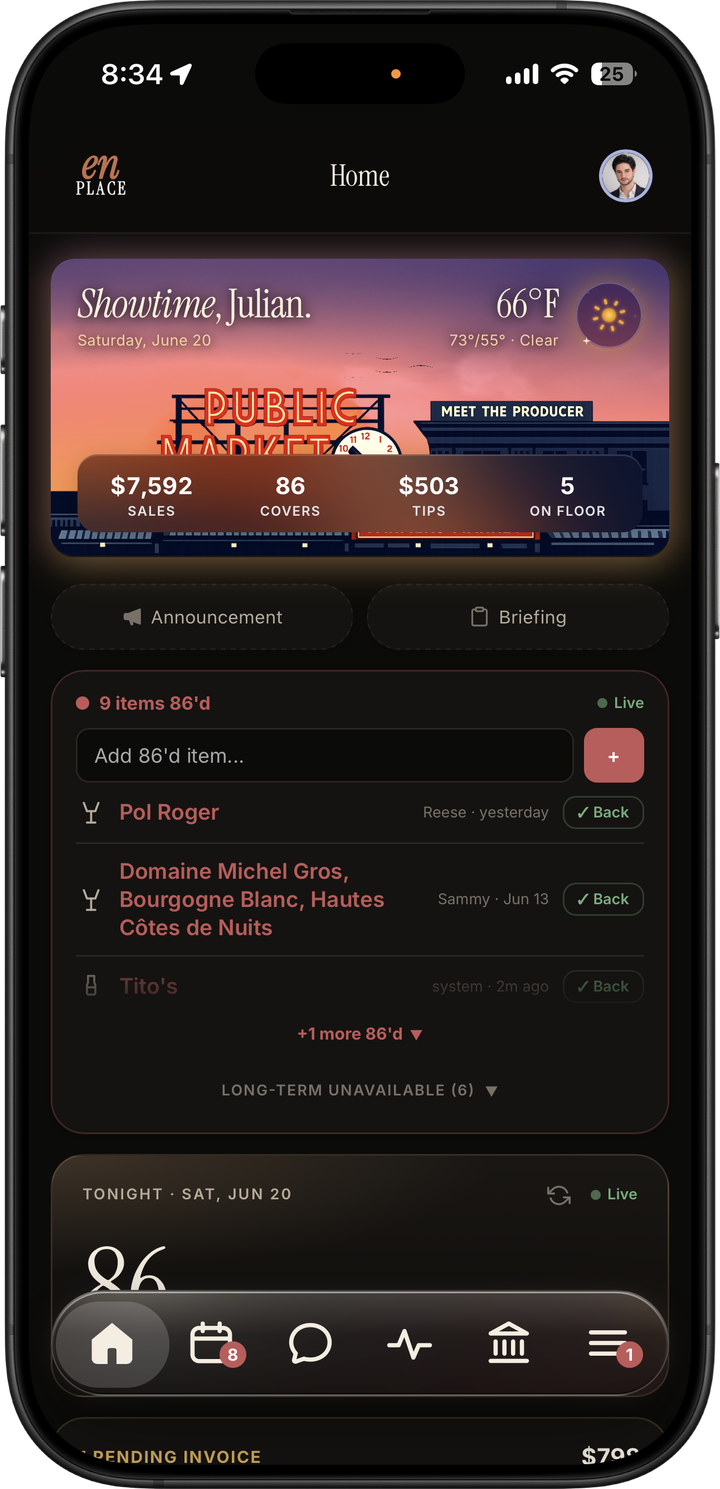 Dark mode admin home dashboard with sales, covers, tips, on-floor count, reservations, and 86'd items