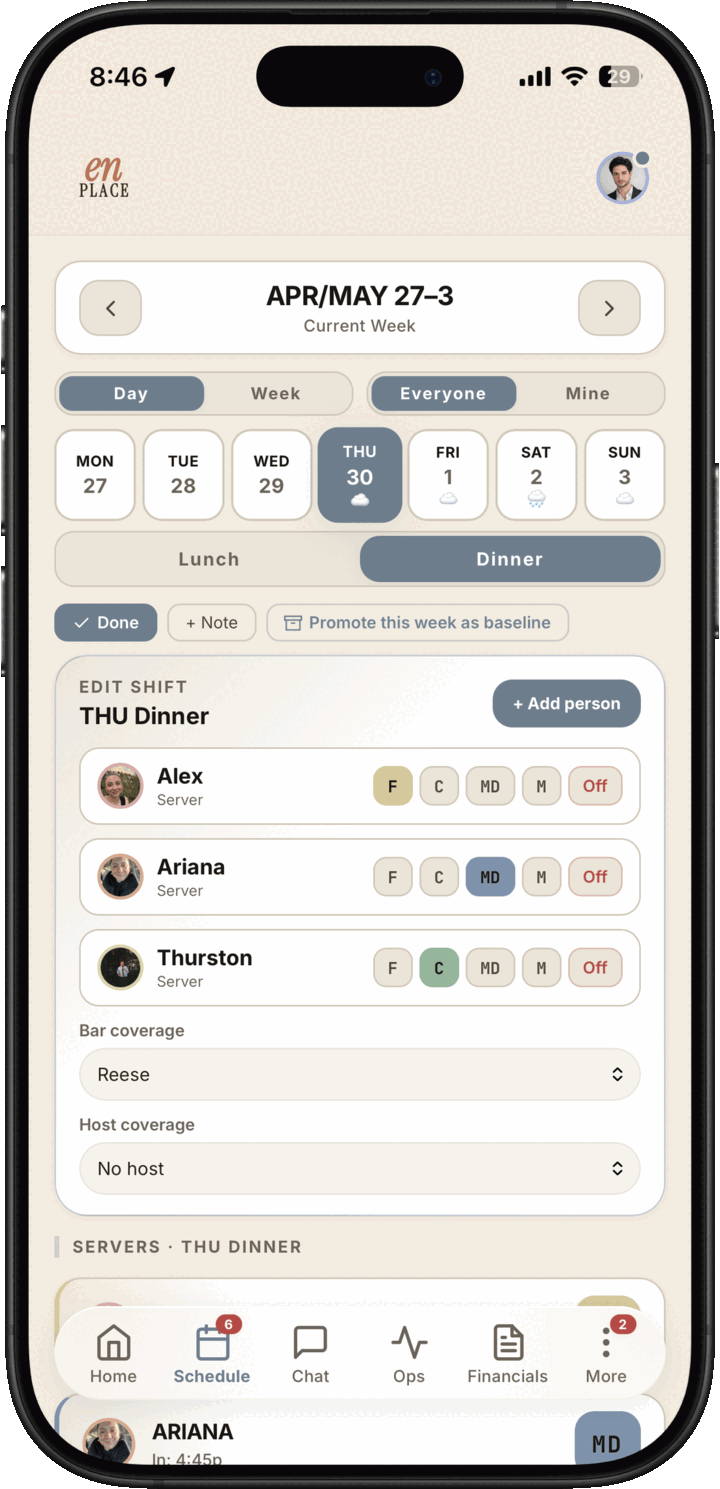 Light mode admin schedule editor showing dinner coverage, role assignments, and shift staffing
