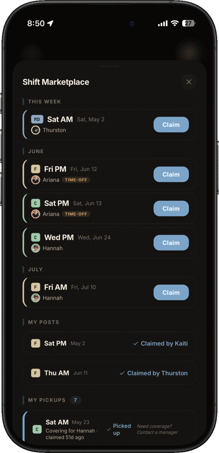 Dark mode staff shift marketplace with available pickup shifts, claim buttons, posted shifts, and pickup history