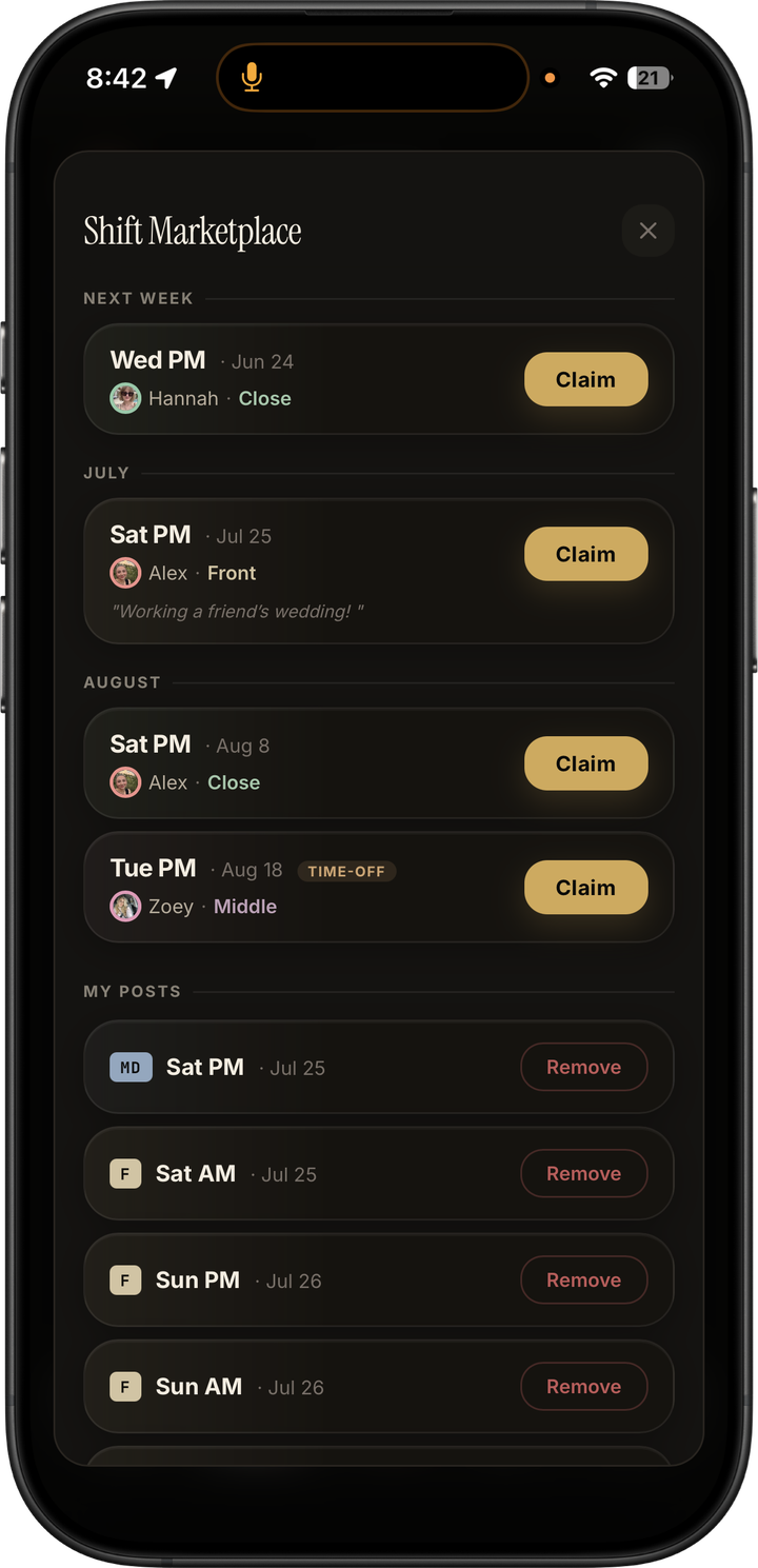 Dark mode staff shift marketplace with available pickup shifts, claim buttons, and posted shifts