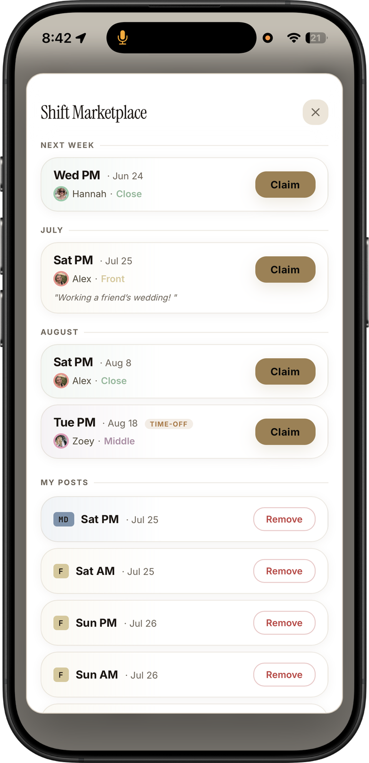 Light mode staff shift marketplace with available pickup shifts, claim buttons, and posted shifts