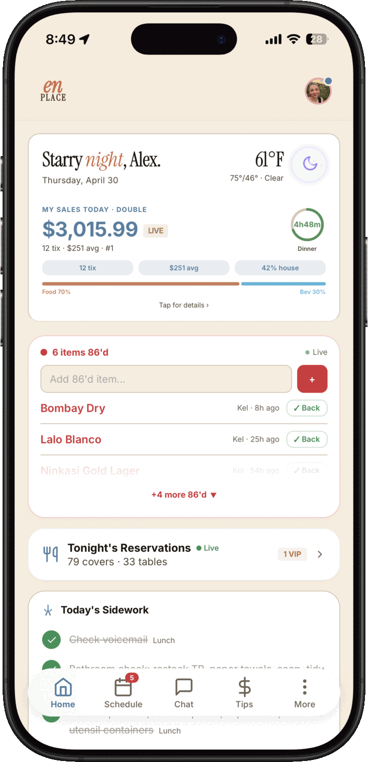 Light mode staff home dashboard with today's sales, tip estimate, reservations, sidework, and 86'd items