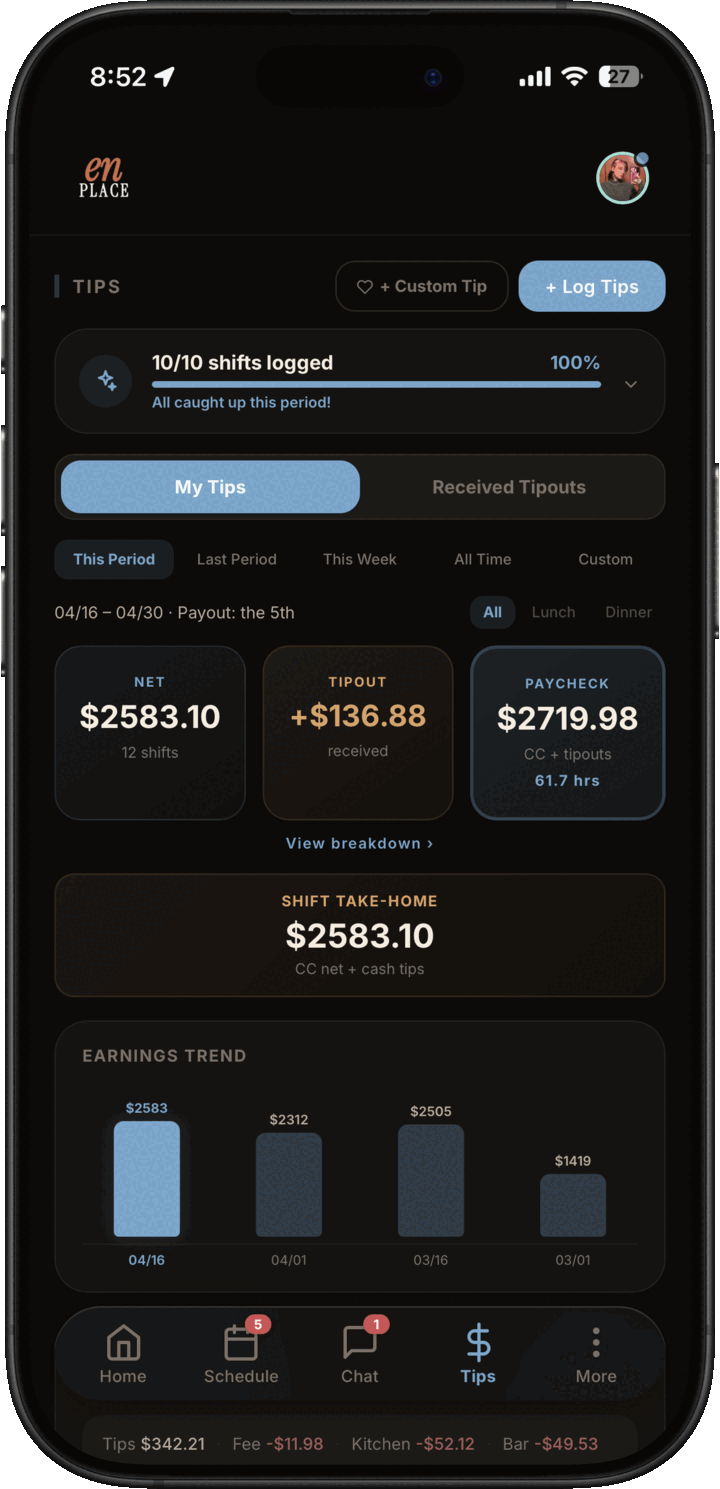 Dark mode staff My Tips dashboard with logged shifts, received tipouts, paycheck estimate, and earnings trend