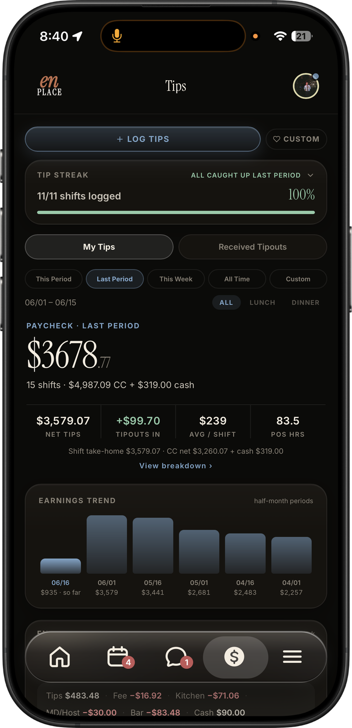 Dark mode staff tips dashboard with tip streak, paycheck estimate, received tipouts, and earnings trend