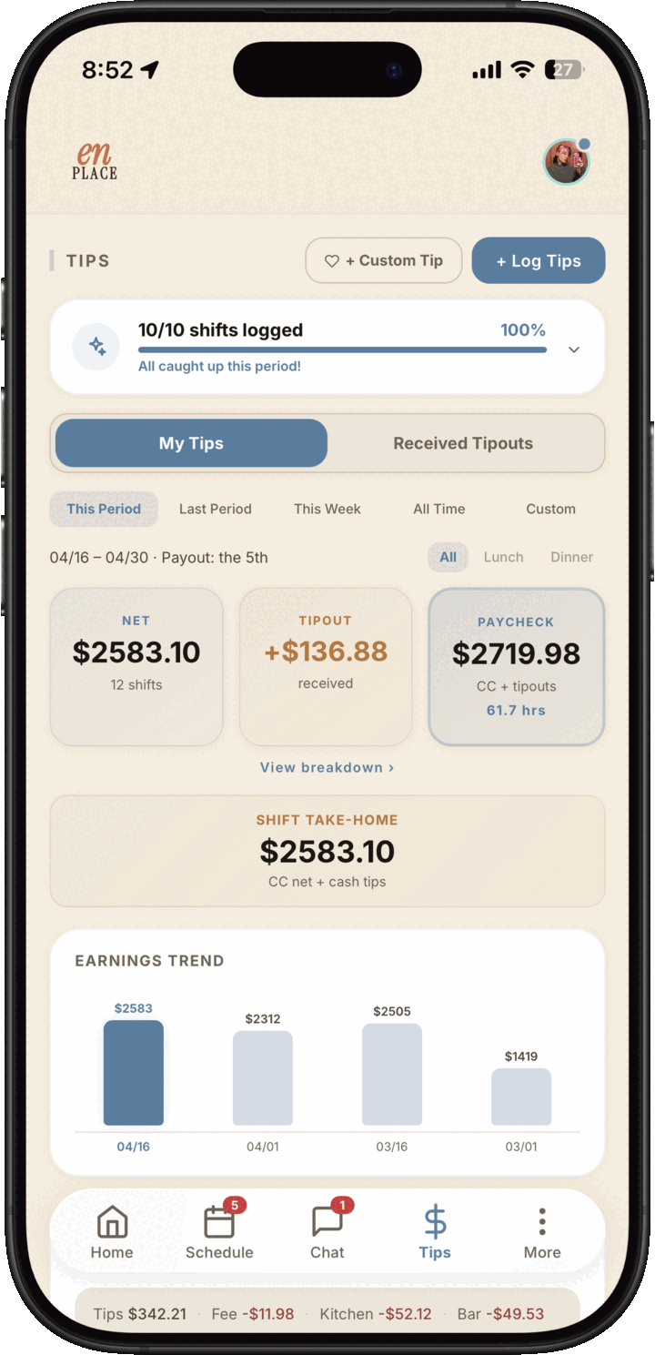 Light mode staff My Tips dashboard with logged shifts, received tipouts, paycheck estimate, and earnings trend