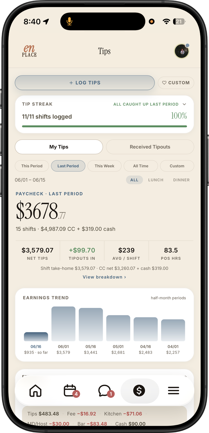 Light mode staff tips dashboard with tip streak, paycheck estimate, received tipouts, and earnings trend