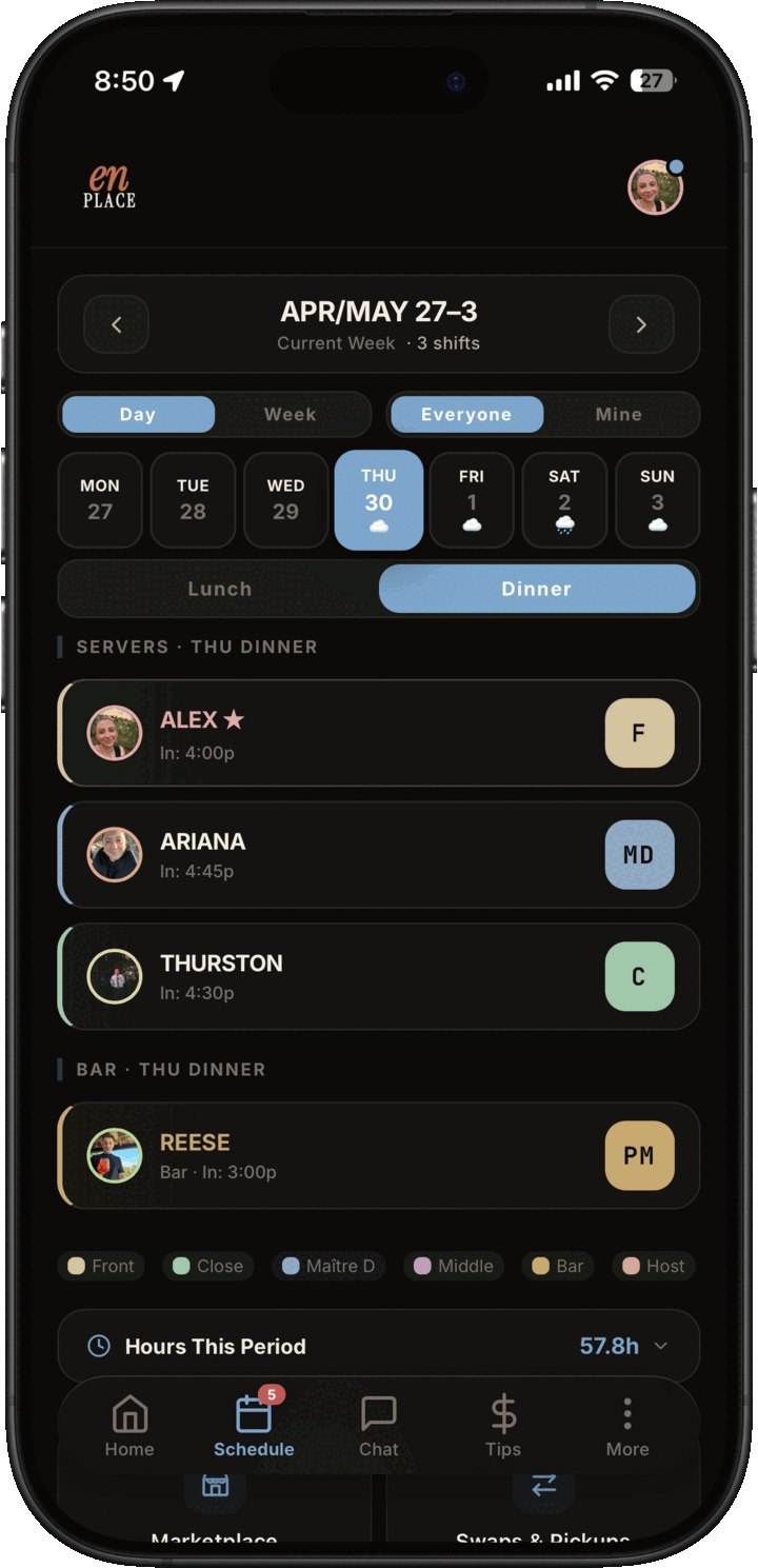Dark mode staff schedule showing weekly shifts, team assignments, role chips, and hours for the period