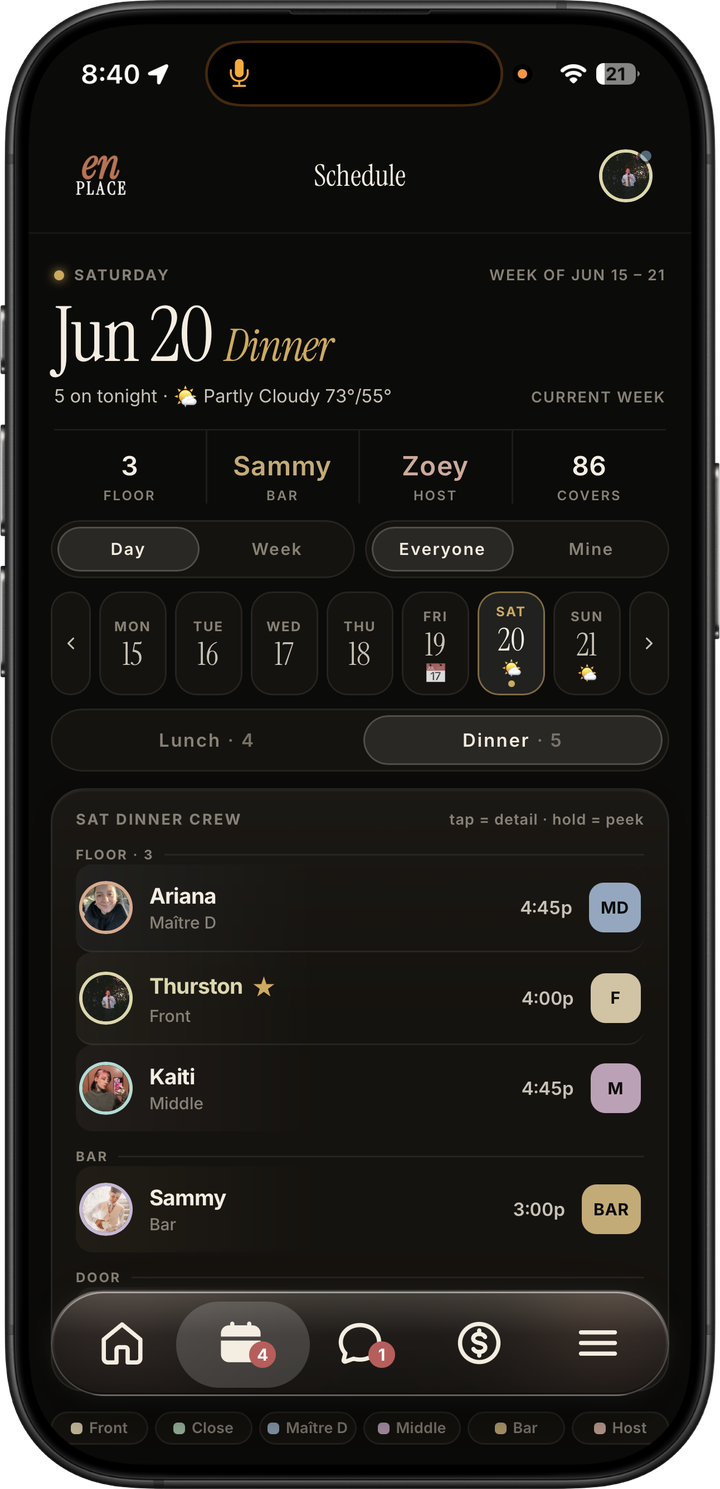 Dark mode staff schedule showing the current week, dinner crew, role assignments, and shift times