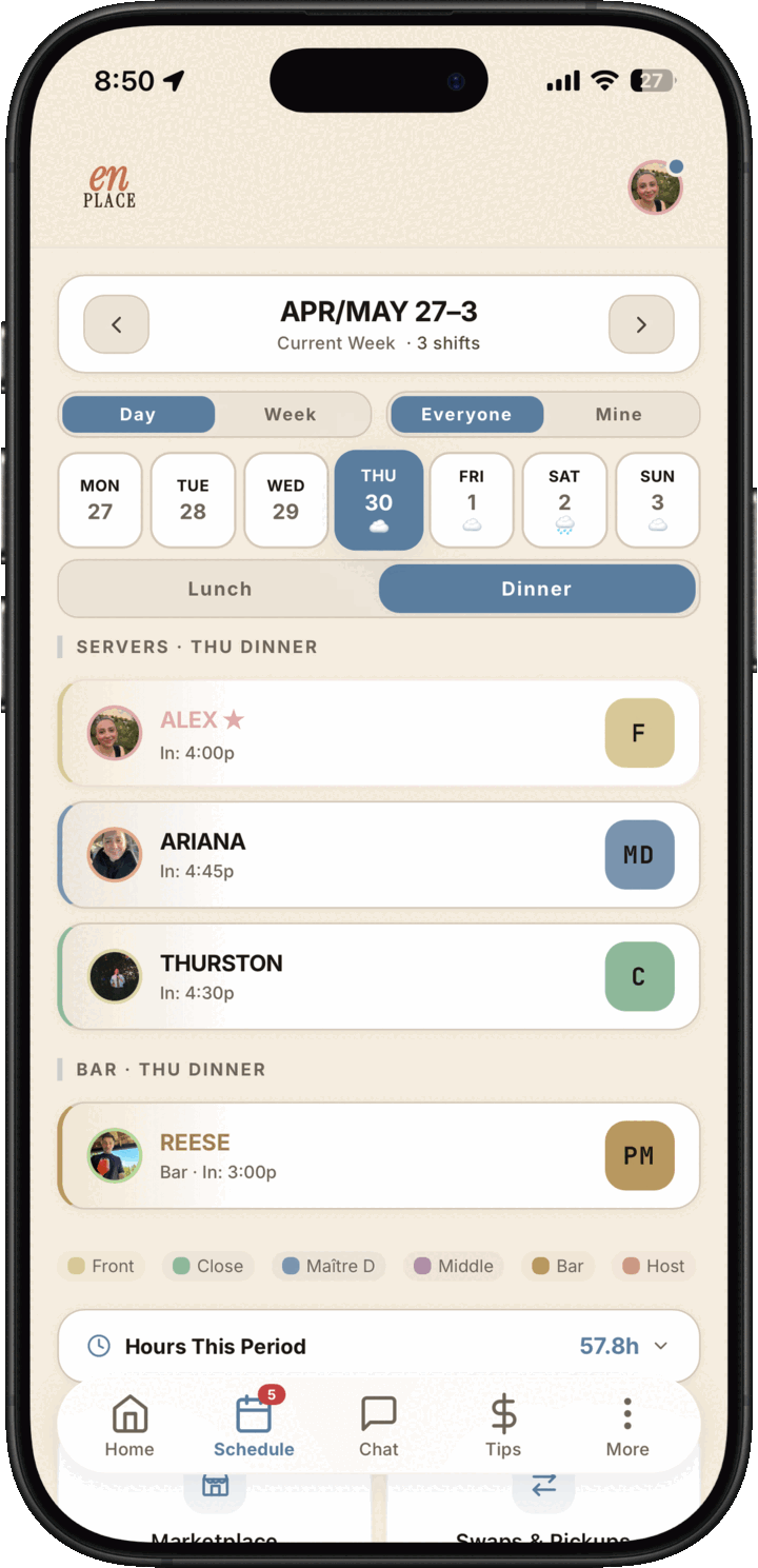 Light mode staff schedule showing weekly shifts, team assignments, role chips, and hours for the period