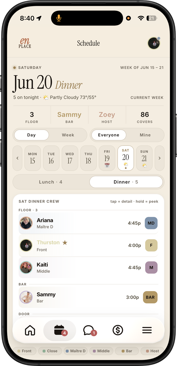 Light mode staff schedule showing the current week, dinner crew, role assignments, and shift times
