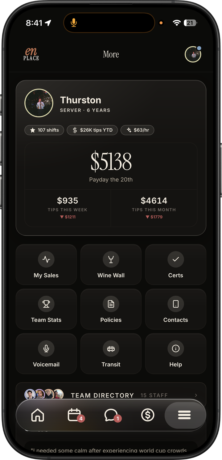 Dark mode staff More dashboard with profile metrics, quick links, team directory, policies, contacts, and help