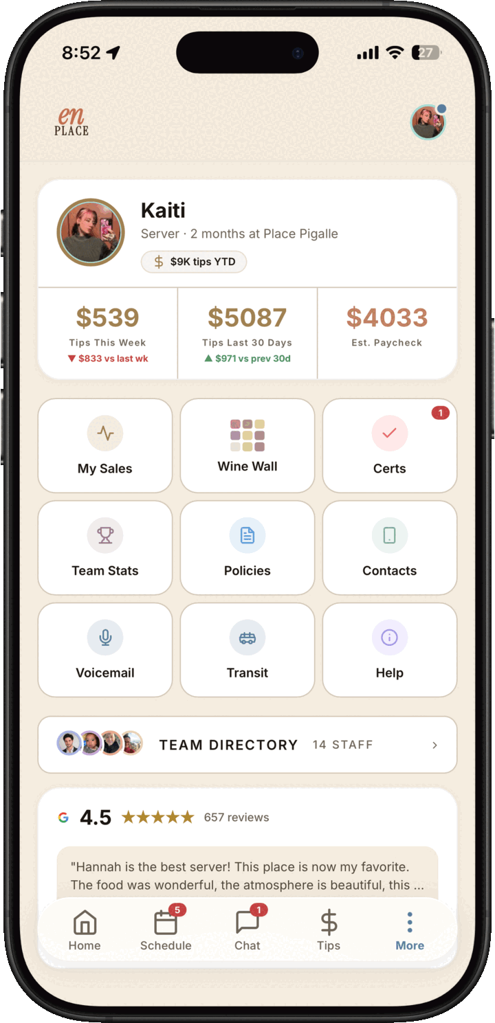 Light mode staff profile dashboard with pay metrics, quick links, team directory, policies, contacts, and help