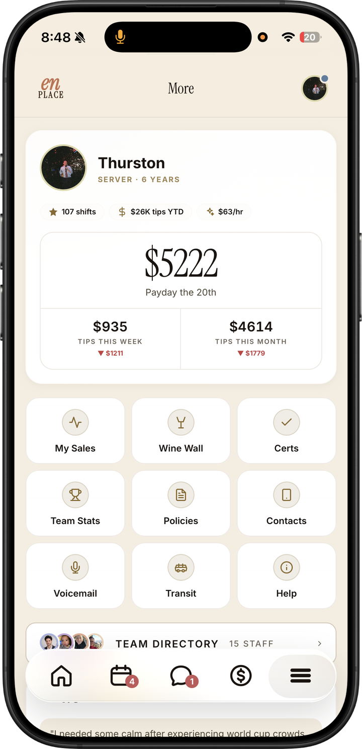 Light mode staff More dashboard with profile metrics, quick links, team directory, policies, contacts, and help
