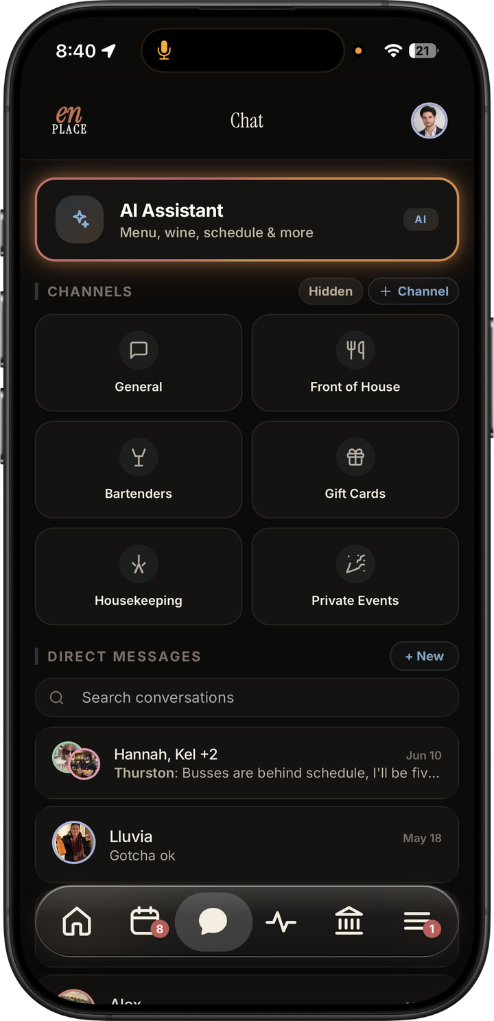 Dark mode staff chat hub with AI assistant, channel tiles, direct messages, and bottom navigation