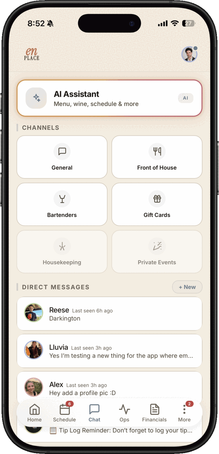 Light mode staff chat hub with AI assistant, channel tiles, direct messages, and bottom navigation